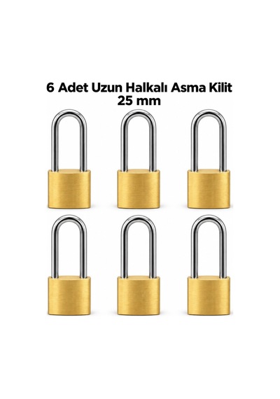 6 Adet 25 Mm Uzun Halkalı Sarı Asma Kilit Seti Anahtarlı