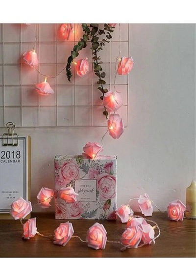 Brokoli Home 2,5 Metre Gül Tasarım Dekoratif Işık Zinciri 20 Adet Gül Romantik Gül Led Işık Pembe Pembe