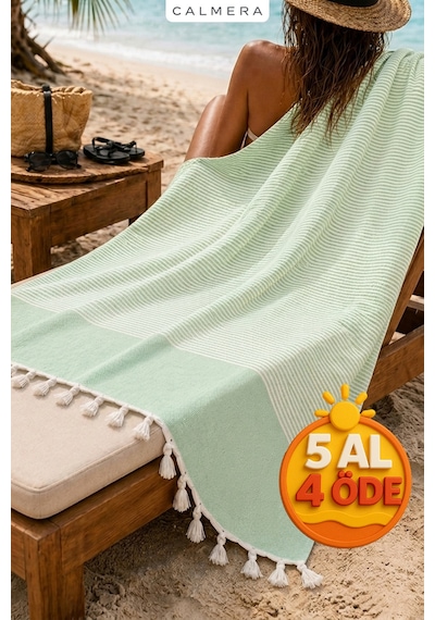 Calmera Çizgili Peştemal Pamuk - Doğal Saçaklı Plaj, Deniz, Havuz, Spa, Sauna, Spor, Seyahat Havlu - Yeşil