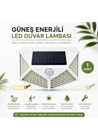 100 Led Solar Hareket Sensörlü Dış Mekan Bahçe Lambası 1 Adet Beyaz