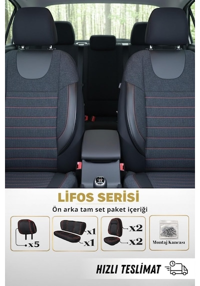Lifos Serisi Koton Kumaş Universal Oto Koltuk Kılıfı Tam Set Siyah Kırmızı Genel