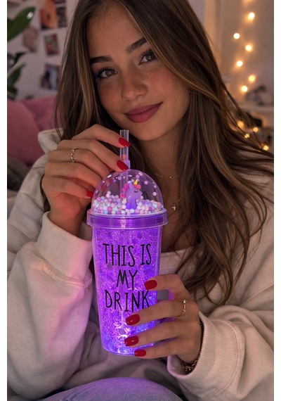Sevimli Renkli Çılgın 450 Ml Led Işıklı This İs My Drink Temalı Pipetli İçecek Bardağı Suluk 2642mor Mor