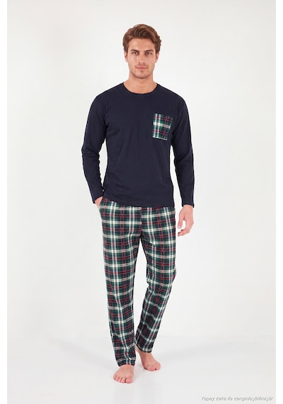 Buratti Ekoseli Cepli Beli Lastikli % 100 Pamuk Regular Fit Pijama Takımı Erkek Pijama Takımı 6572001 Koyu Lacivert