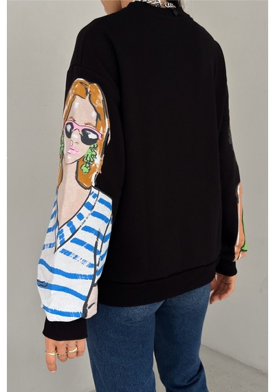 Femelle Kadın Siyah 3 İplik Şardonlu Baskılı Oversize Pamuk Sweatshirt