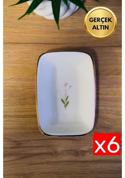 Tabak Evi Porselen Natura Çuha Altın Yaldızlı Dikdörtgen Kayık Tabak 14x9,8cm 6 Lı Çok Renkli
