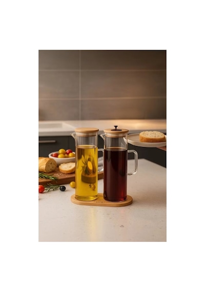 Bambu Altlıklı 2 Li Cam Yağlık & Sirkelik Seti 400 Ml Şeffaf