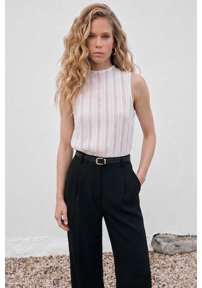 Sateen Çizgili Organze Kolsuz Bluz - Ekru-137673