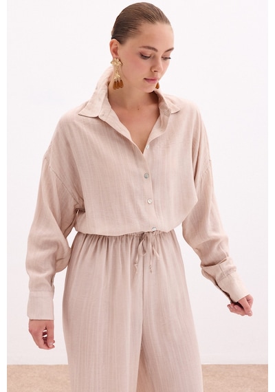 Sateen Salaş Gömlek - Bej-136105 Bej