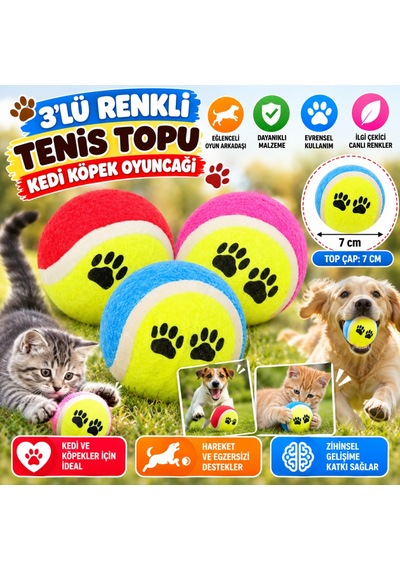 3lü Renkli Desenli Tenis Topu Kedi Köpek Oyuncağı Adet Fiyatıdır