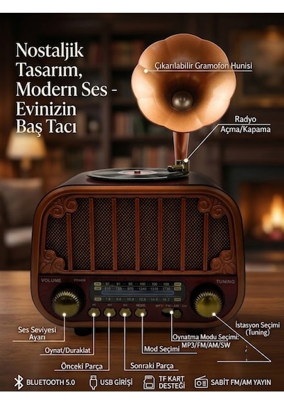 Dexxony Md-1318 Ahşap Tasarım Nostaljik Radyo - Gramofon Dekorlu Şarjlı Bluetooth Hoparlör  Seti