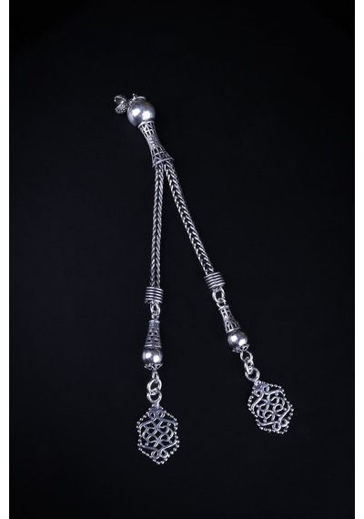 Encili Silver 925 Ayar Gümüş Çift Sallantılı Arnavut Zincirli Motif Uç Detaylı Tesbih Püskülü