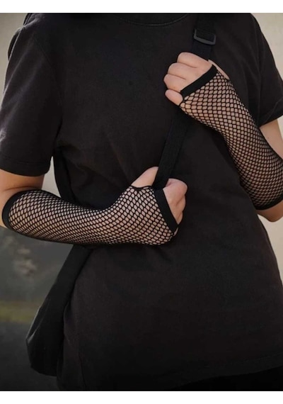 Tezzgelsin Gothic Düz Güpürlü Kalın Fileli Ikili Kolluk Kesik Parmak Ikili Kolluk Siyah