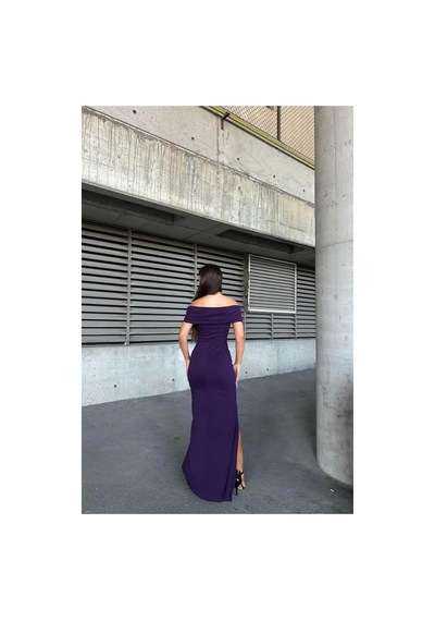 DefyModa Kadın Halter Yaka Taş Detaylı Abiye Elbise Mor