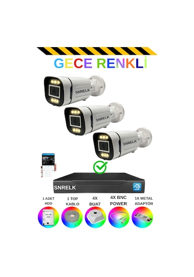 Snrelk Sencrom Hama 3 'lü 1080p Full Hd 320 Gb Gece Renkli Güvenlik Kamerası Set