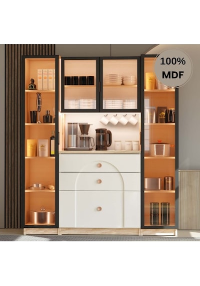 Papatya Mdf Kahve Köşesi Dolabı 4 Kapak Çekmeceli Işıklı Aytaşı