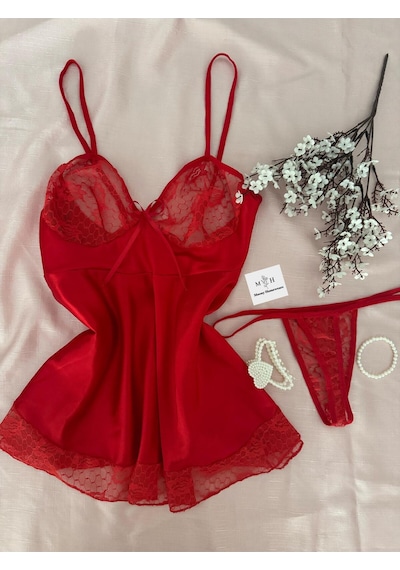 Mh Moony Homewears 2 Parça Ulysses Seksi Ekstra Mini Gecelik Iç Giyim Seti Kırmızı
