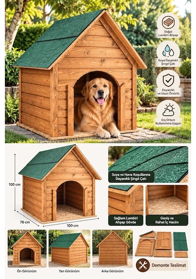 Reyo Büyük Boy Köpek Kulübesi, Lambiri Ahşap Şıngıl Çatılı Soğuk ve Rüzgara Dayanıklı Köpek Evi Demonte 100 x 100 x 78 CM