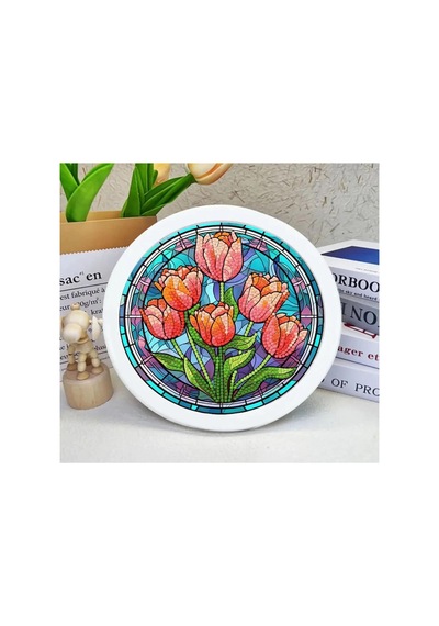 5d Elmas Taş İşleme Kiti 20x20 Cm Yuvarlak Çerçeveli Laleler Desen Diamond Painting