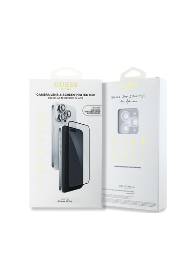 Apple Uyumlu   iPhone 16 Pro Guess Lisanslı Rhinestone Ekran Ve Lens Koruyucu 2in1 Aksesuar Seti Gümüş