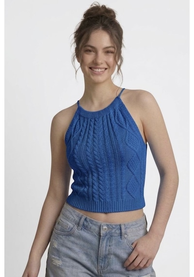 Neden Tekstil Kadın Triko Örme Halter Yaka Crop Bluz - Saks Mavisi