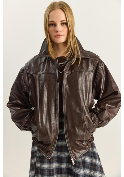 Shade Kadın Dikiş Detaylı Astarlı Beli Lastikli Cepli Oversize Suni Deri Ceket 3173 60283894 - Kahverengi Shade Kadın Dikiş Detaylı Astarlı Beli Lastikli Cepli Oversize Suni Deri Ceket 3173 60283894 - Kahverengi