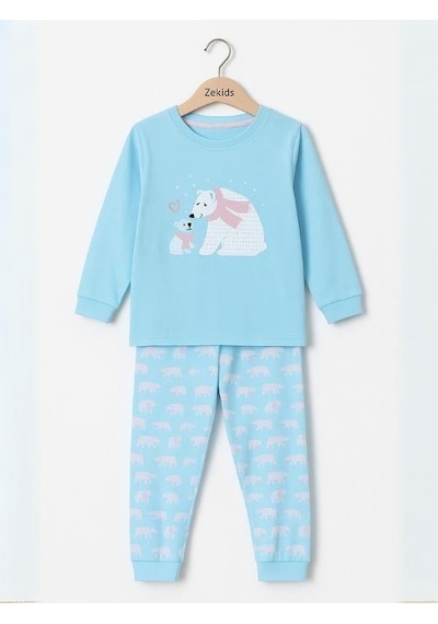 Kız Çocuk Pamuklu Kutup Ayısı Baskılı Pijama Takımı-16020 Turkuaz