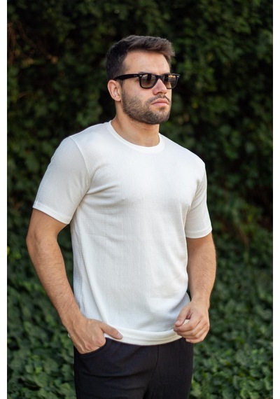 Azıcık Akıllı Erkek Beyaz Krep Kumaş Rahat Salaş Esnek Bisiklet Yaka T-shirt 23etshtarp 001