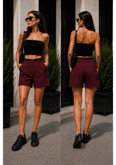 Winmoda34 Kadın Şehir Boyu Casual Şort 43 Cm Tam Boy Kemer Hediyeli Trend Model Bordo