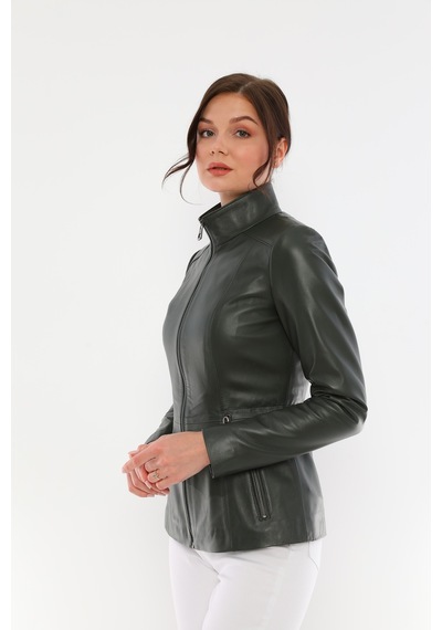 Dericeketim Kadın Haki Gerçek Deri Dik Yaka Beli Lastikli Deri Ceket