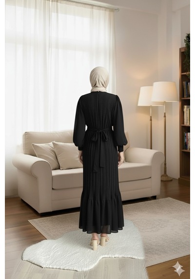Çlm Store Piliseli Şifon Tesettür Elbise - Rahat Ve Şık - Boy 135 Cm Siyah Siyah