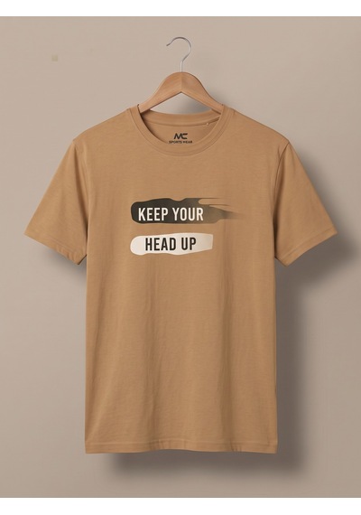Maccali Erkek Camel Keep Your Head Up Baskılı Bisiklet Yaka Bol Kesim Tişört