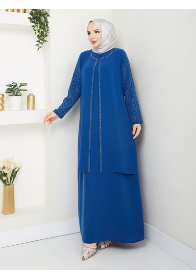 Eslemnur Kolları Taşlı Büyük Beden Anne Elbisesi Mavi