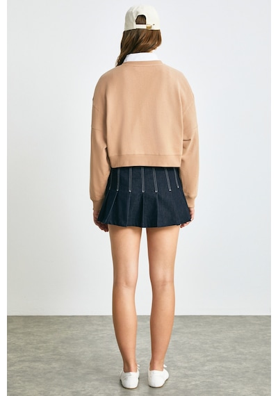 Grımelange DANBİ Kadın Crop Örme Kumaş Yuvarlak Yaka Uzun Kol Kahverengi Sweatshirt