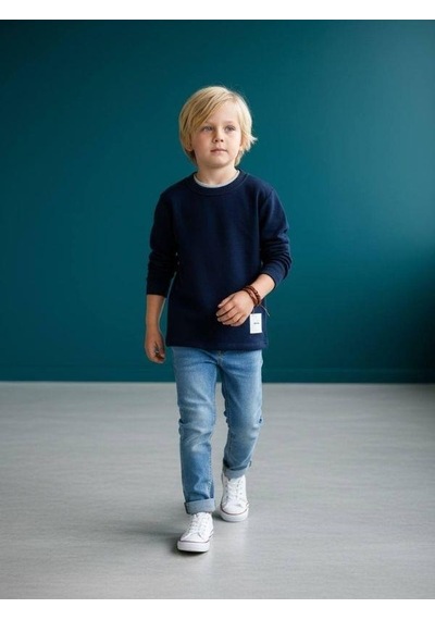 Zekids Erkek Çocuk Pamuklu Dokulu Kumaş İnce Uzun Kollu Sweatshirt-16630 Lacivert