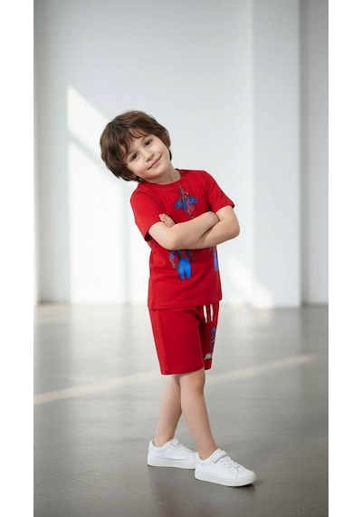 Miniko Kids Erkek Çocuk Spiderman Örümcek Adam Modelli Pamuk Şortlu Takım Kırmızı