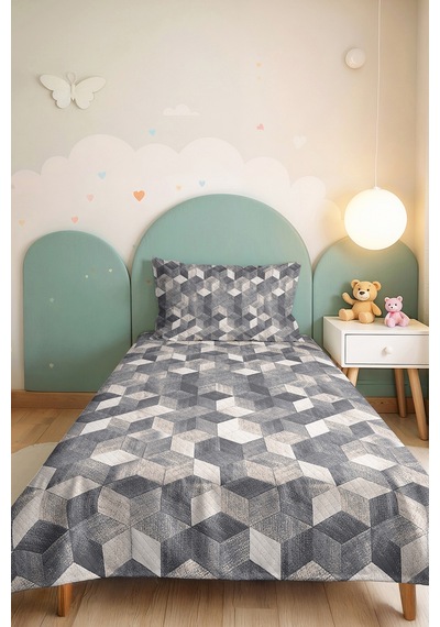 Gri Geometrik Modern Genç Odası Tek Kişilik Pike Takımı - Beyaz Küp 160x220 Cm Kapitone Yatak Örtüsü Altın