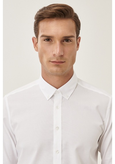 Ac&Co / Altınyıldız Classics Erkek Beyaz Ütü Gerektirmeyen Taılored Slim Fit Dar Kesim Düğmeli Yaka %100 Pamuk Gömlek Beyaz