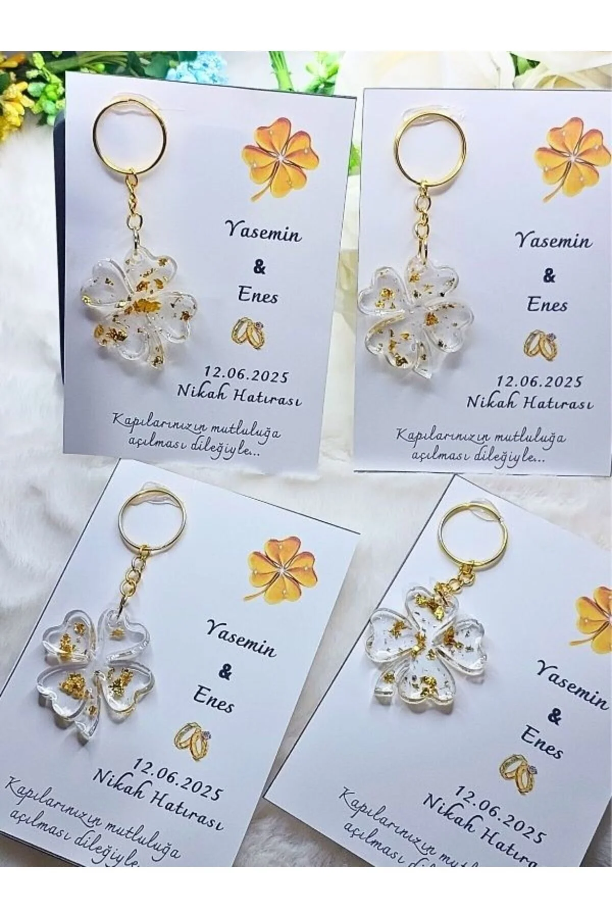 25 Adet Kartlı Epoksi Anahtarlık Yonca , Söz , Nişan, Nikah , Kına, Mevlüt Hediyelik Altın Gold