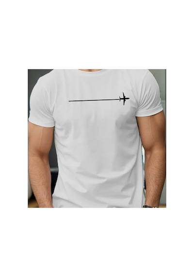Caddemia Yaz Moda Rahat Gevşek Minimalist Uçak Desen Baskılı Yuvarlak Boyun Kısa Beyaz 2XL