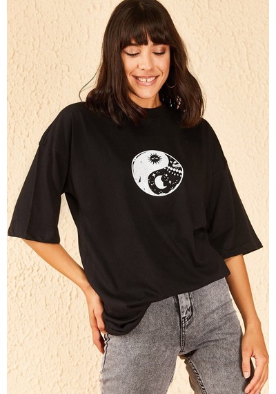 Blackjack Giyim Kadın Siyah Find Balance Oversize Tshirt Siyah