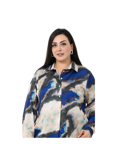 Disentis Büyük Beden Batik Desenli Saten Lacivert Gömlek-lacivert Lacivert
