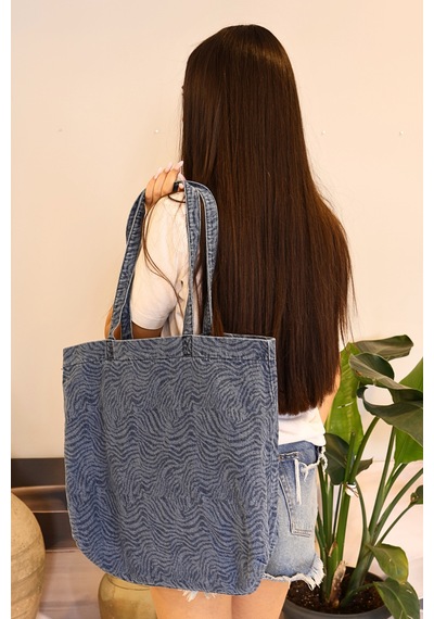 İcone Bag Desenli Yıkamalı Denim Kadın Çantası, Geniş Hacimli, Desenli El Ve Omuz Bez Çanta Shopper