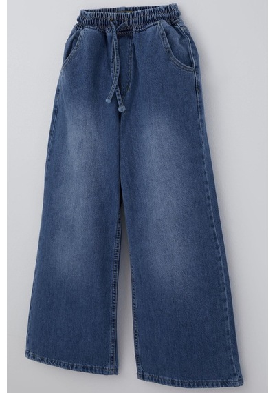Breeze Kız Çocuk Jean Pantolon Bağcıklı Bel Kısmı Lastikli 7-12 Yaş, Mavi