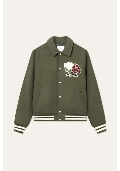 Obey Felipe Varsity Yün Ceket - Les Deux Logo Yaması & Şık Kısa Kesim Zeytin