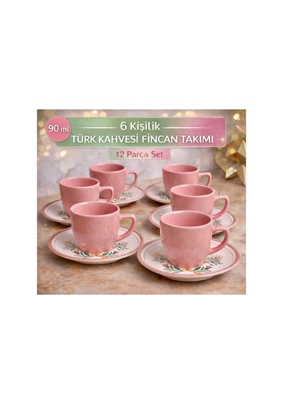 6 Kişilik Türk Kahvesi Fincanı Takımı,12 Parça,90 Ml Seramik Set,mikrodalga/bulaşık Makinesine Uygun Pembe