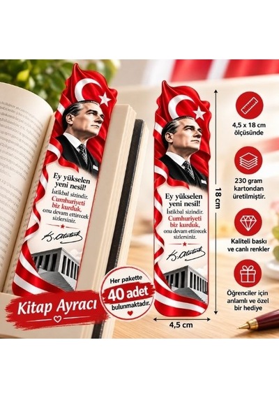 29 Ekim Cumhuriyet Bayramı Karton Kitap Ayracı 40' Lı Paket Tüm Yaşlar