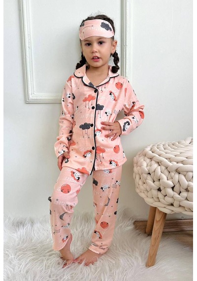 Kız Çocuk Kuzu Bulut Ay Figür Baskı Desenli Düğmeli Pijama Somon