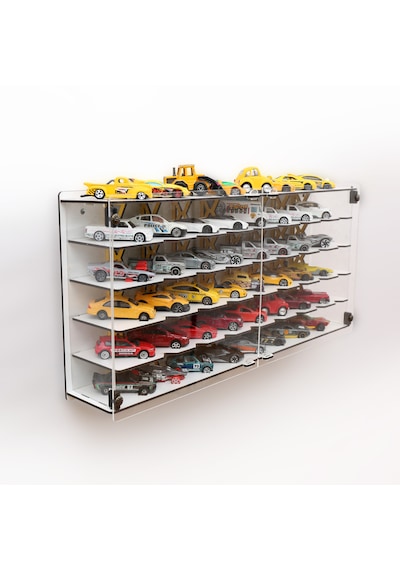 Pleksi Kapak 48 Araçlık 1/64 Hotwheels, Matchbox Uyumlu Hobi Oyuncak Araba Rafı Koleksiyon Model Araba Garajı Beyaz