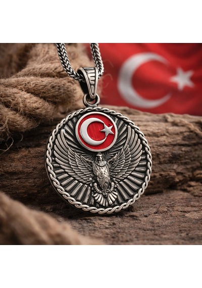 Gümüş Türk Kartalı Ve Ay Yıldız Motifli Erkek Kolye