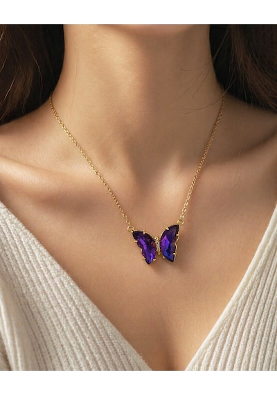 Mor Butterfly Taşlı 316l Paslanmaz Çelik Kolye Hediye Altın - Gümüş